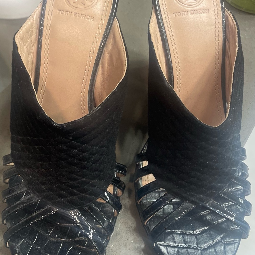 Tory Burch Black Heels with Intricate Woven Design